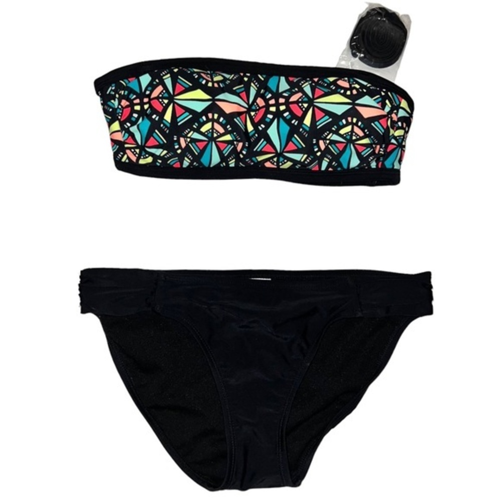 Xhilaration sz S black 2 pc mid rise colorful geometric print bandeau top bikini